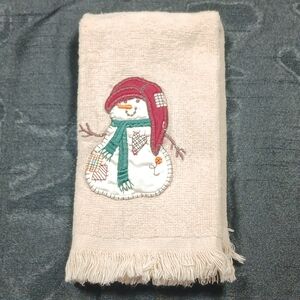 Vtg Christmas Fingertip Hand Towel Cream Fringe Snowman Holiday Home Linen